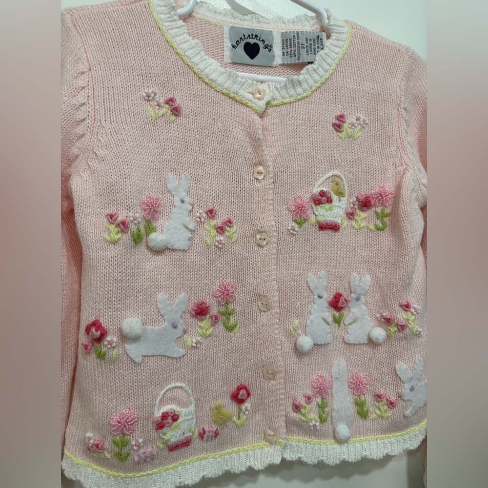 Hartstrings Pink Bunny Cardigan Sweater Girls 3T Easter y2k Embroidered